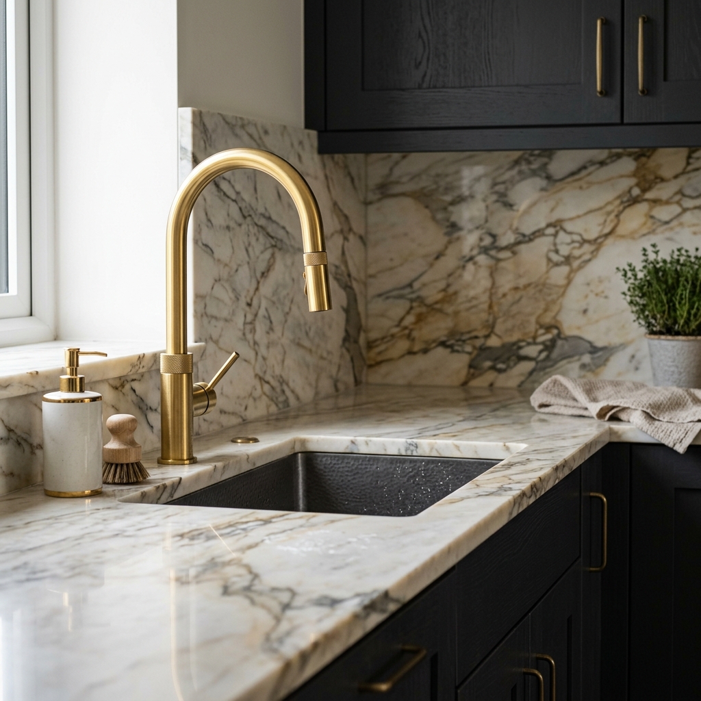 Close-up of premium wooden kitchen cabinets and gold faucet