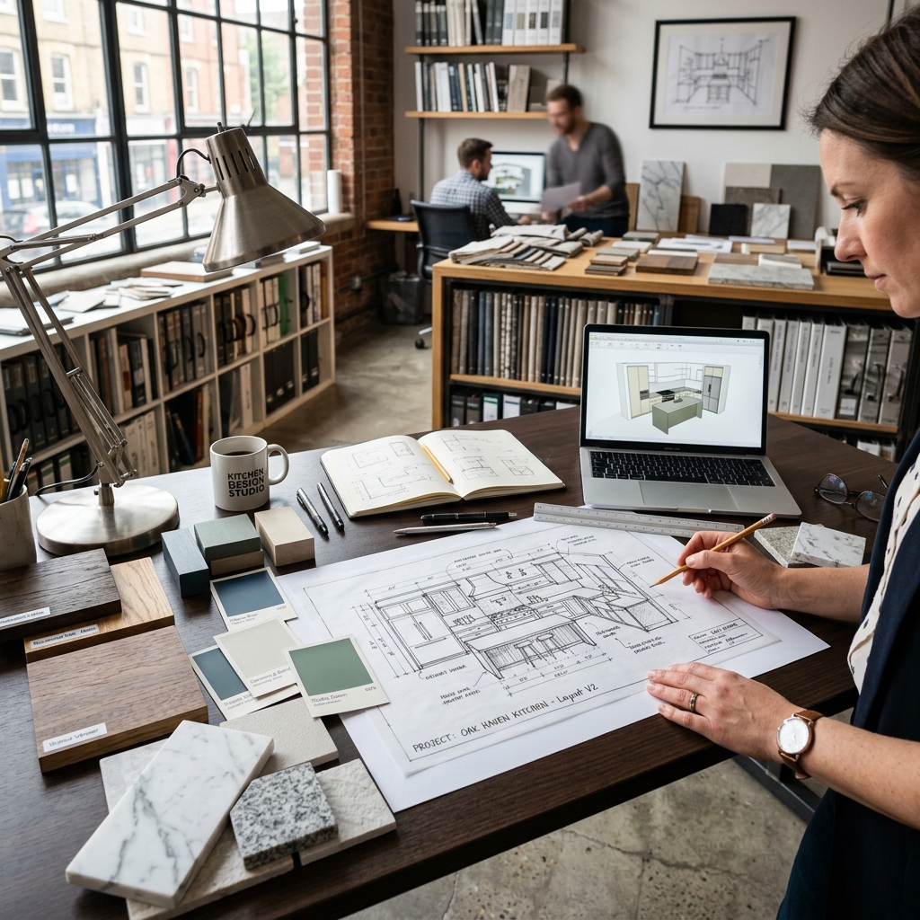 Designer working on a kitchen layout planning sketch